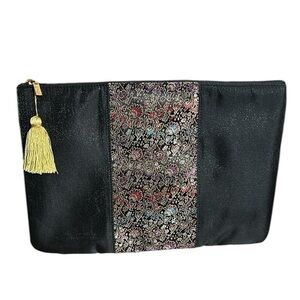 Sharif Americana Large Black Cosmetic Makeup Bag Multicolor Floral Brocade Panel